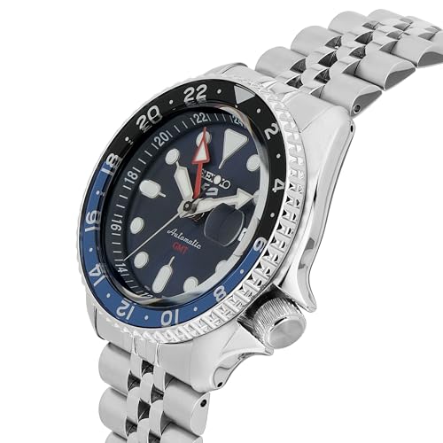 Seiko SSK003 Reloj automático para hombre, 5 deportes, esfera azul con calendario de fecha, manecillas y marcadores luminosos y bisel GMT negro y azul, 328.1 ft resistente al agua