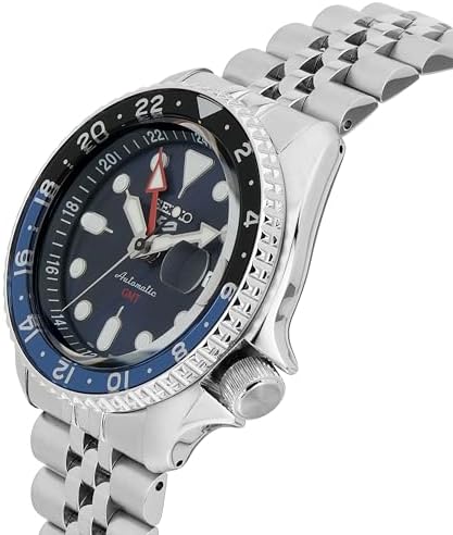 Reloj automático Seiko SSK003 para hombre - 5 Sports - Esfera azul con calendario de fecha y manecillas y marcadores luminosos y bisel GMT negro y azul, resistente al agua 100 m