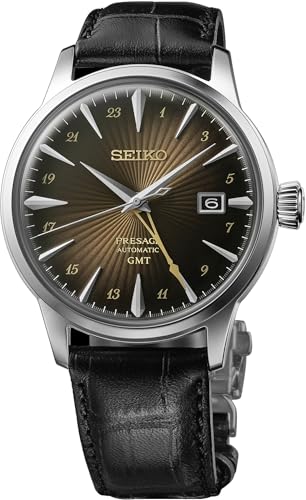 Seiko SSK039 Mens Presage Rusty Nail Cocktail GMT Brown Dial Leather Band Watch