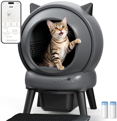 Self Cleaning Litter Box for Cats  Automatic Cat Litter Box with Smart APP Control and Health Monitoring  Includes 2 Roll Trash Bag and Litter Mat  Grey