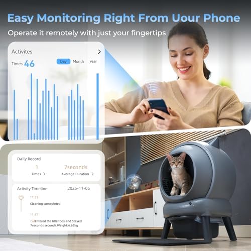 Self Cleaning Litter Box for Cats  Automatic Cat Litter Box with Smart APP Control and Health Monitoring  Includes 2 Roll Trash Bag and Litter Mat  Grey