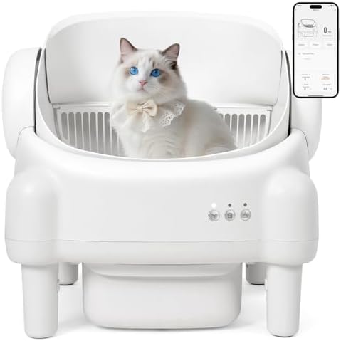 Self Cleaning Litter Box Open Top Automatic Litter Box with App Control for Multiple Cats  Safety Sensors Protection  Odor Control Includes 2 roll Liners Large Waste Bin  Cream White
