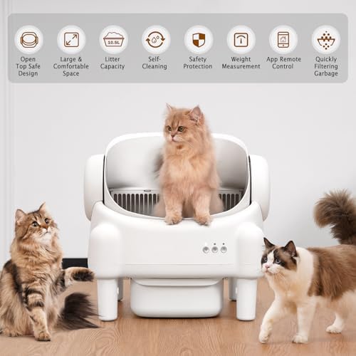 Self Cleaning Litter Box Open Top Automatic Litter Box with App Control for Multiple Cats  Safety Sensors Protection  Odor Control Includes 2 roll Liners Large Waste Bin  Cream White