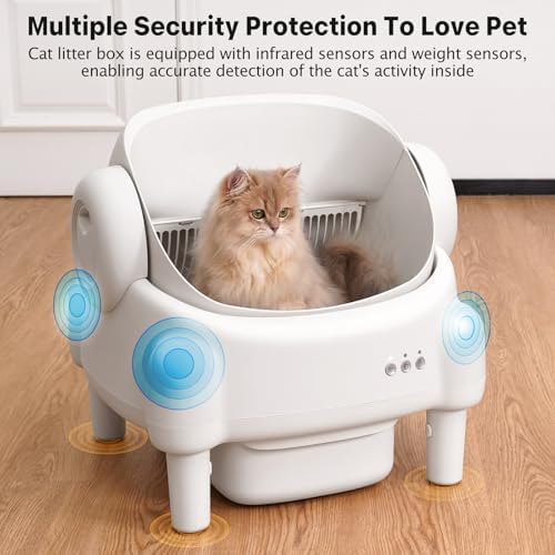 Self Cleaning Litter Box Open Top Automatic Litter Box with App Control for Multiple Cats  Safety Sensors Protection  Odor Control Includes 2 roll Liners Large Waste Bin  Cream White