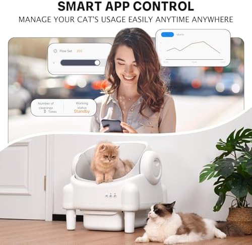 Self Cleaning Litter Box Open Top Automatic Litter Box with App Control for Multiple Cats  Safety Sensors Protection  Odor Control Includes 2 roll Liners Large Waste Bin  Cream White