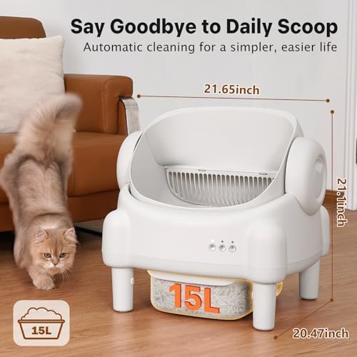 Self Cleaning Litter Box Open Top Automatic Litter Box with App Control for Multiple Cats  Safety Sensors Protection  Odor Control Includes 2 roll Liners Large Waste Bin  Cream White