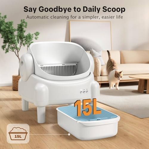Self Cleaning Litter Box Open Top Automatic Litter Box with App Control for Multiple Cats  Safety Sensors Protection  Odor Control Includes 2 roll Liners Large Waste Bin  Cream White