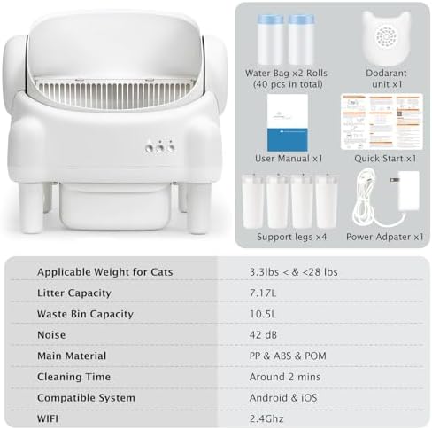Self Cleaning Litter Box Open Top Automatic Litter Box with App Control for Multiple Cats  Safety Sensors Protection  Odor Control Includes 2 roll Liners Large Waste Bin  Cream White