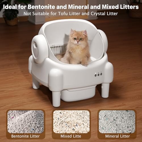 Self Cleaning Litter Box Open Top Automatic Litter Box with App Control for Multiple Cats  Safety Sensors Protection  Odor Control Includes 2 roll Liners Large Waste Bin  Cream White