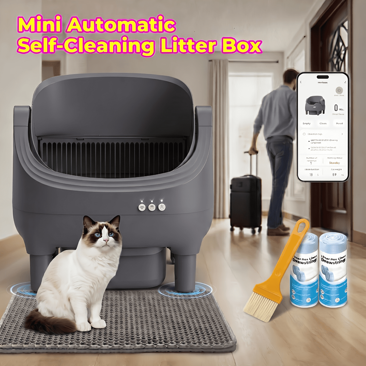 Self Cleaning Litter Box  Automatic Cat Litter Box APP Control  Open Design Electric Litter Box  Safety Anti Pinch  Odor Free Waste Disposal Includes Trash Bags  Suitable for Multiple Cats  Grey