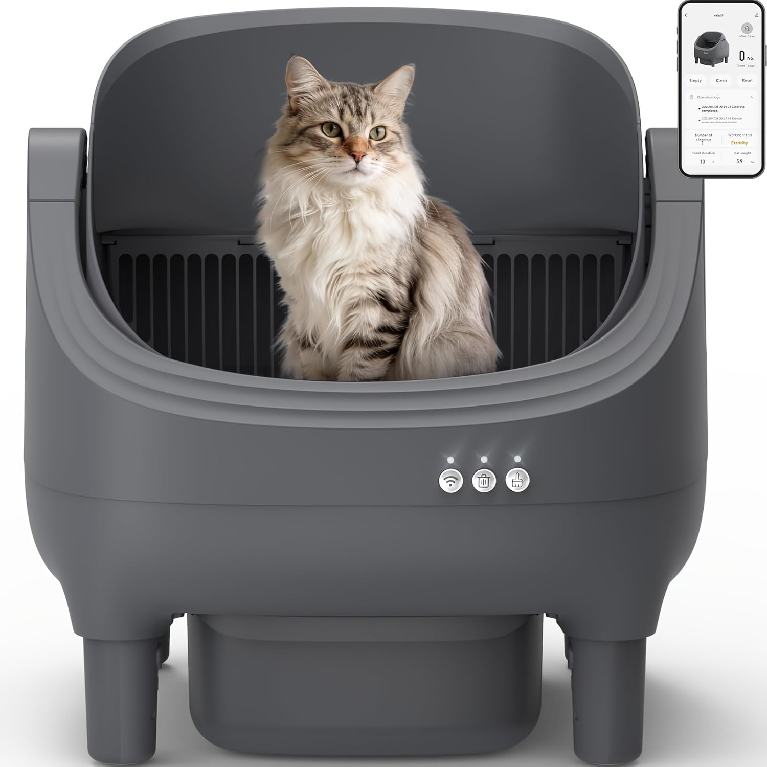 Self Cleaning Litter Box  Automatic Cat Litter Box APP Control  Open Design Electric Litter Box  Safety Anti Pinch  Odor Free Waste Disposal Includes Trash Bags  Suitable for Multiple Cats  Grey