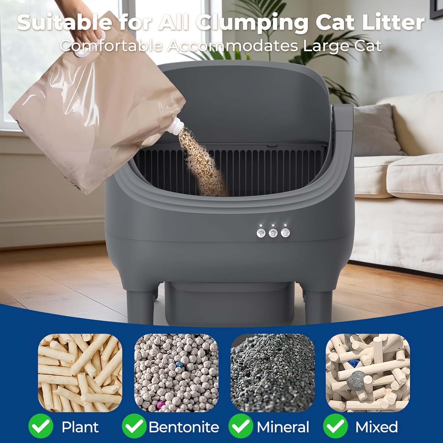 Self Cleaning Litter Box  Automatic Cat Litter Box APP Control  Open Design Electric Litter Box  Safety Anti Pinch  Odor Free Waste Disposal Includes Trash Bags  Suitable for Multiple Cats  Grey