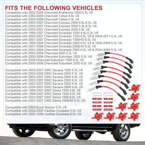 Set of 8 Ignition Coil Pack Round Type   Set of 8 8mm Spark Plug Wire Harness High Voltage Energy Compatible with Chevrolet GMC Cadillac Replace# UF262  D585  12573190