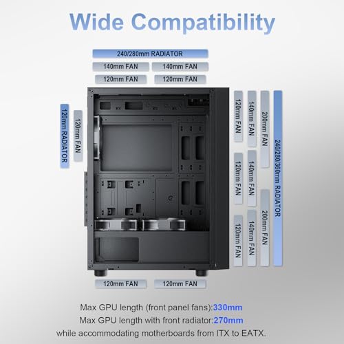 Sevenhero E621 Gaming ATX PC Case  Mid Tower Computer Case with 3X 120mm ARGB Fans  Support 360mm AIO Liquid Cooler  340mm GPU  Premium Tempered Glass Side Panel  High Airflow Mesh Front Panel  Black