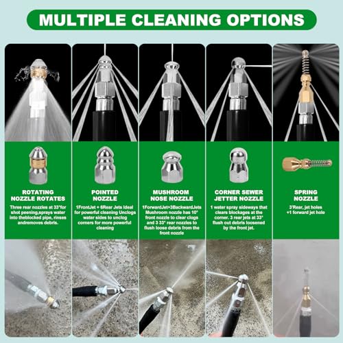 Sewer Jetter Kit for Pressure Washer Water Jet Drain Cleaning Hose with Corner Rotating Button Spring Nose 1/4 NPT Sewer Cleaning Tool High Pressure Nozzles 5800 PSI 100 FT