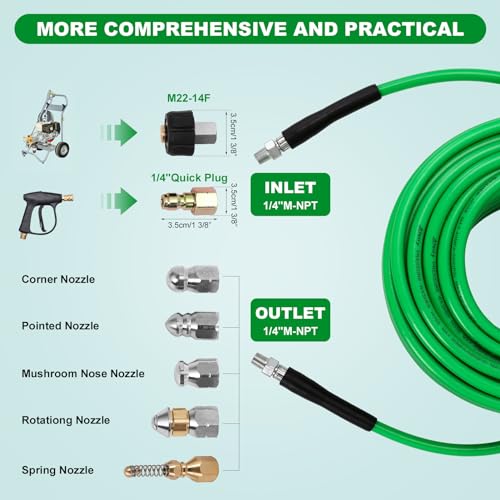 Sewer Jetter Kit for Pressure Washer Water Jet Drain Cleaning Hose with Corner Rotating Button Spring Nose 1/4 NPT Sewer Cleaning Tool High Pressure Nozzles 5800 PSI 100 FT