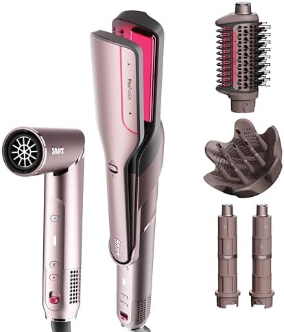 Shark FlexFusion Hair Straightener & Powerful Hair Dryer with Fusion Hair Brush  Ceramic Air Styler with Auto Wrap Hair Curlers  Concentrator  & FrizzFighter  Ceramic Plates  Metallic Mist  HD651S