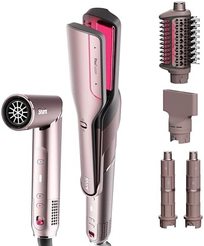 Shark FlexFusion Hair Straightener & Powerful Hair Dryer with Fusion Hair Brush  Ceramic Air Styler with Auto Wrap Hair Curlers  Concentrator  & FrizzFighter  Ceramic Plates  Metallic Mist  HD651S