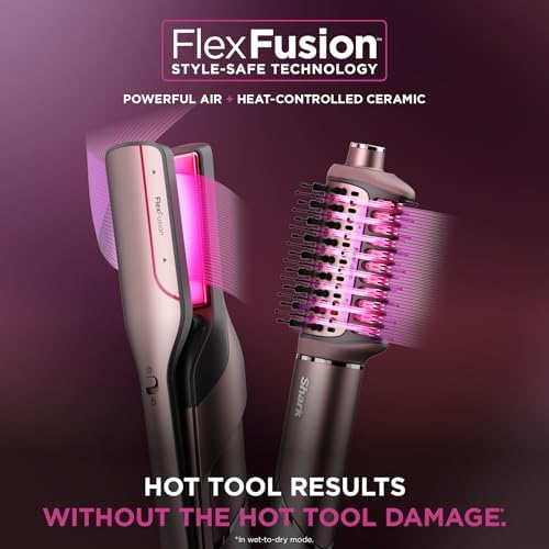 Shark FlexFusion Hair Straightener & Powerful Hair Dryer with Fusion Hair Brush  Ceramic Air Styler with Auto Wrap Curlers & Concentrator  Ceramic Plates  Cosmic Blush HD641S