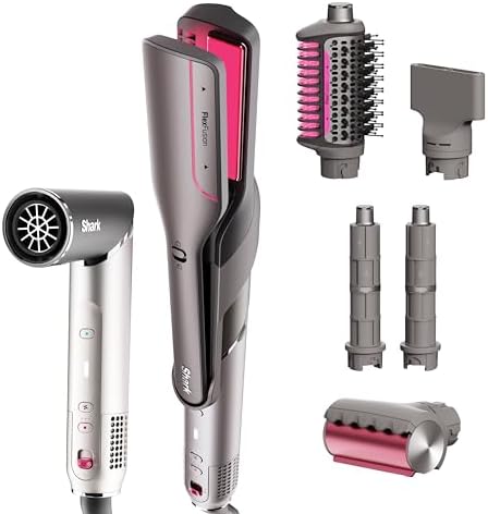 Shark FlexFusion Hair Straightener & Powerful Hair Dryer with Fusion Hair Brush  Ceramic Air Styler with Auto Wrap Curlers & Concentrator  Ceramic Plates  Cosmic Blush HD641S