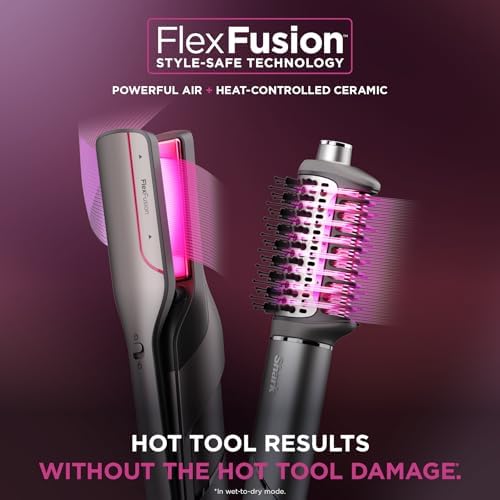Shark FlexFusion Hair Straightener & Powerful Hair Dryer with Fusion Hair Brush  Ceramic Air Styler with Auto Wrap Curlers & Concentrator  Ceramic Plates  Cosmic Blush HD641S