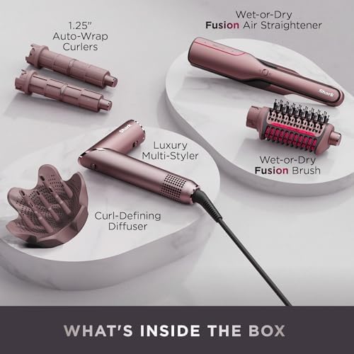 Shark FlexFusion Hair Straightener & Powerful Hair Dryer with Fusion Hair Brush  Ceramic Air Styler with Auto Wrap Curlers & Concentrator  Ceramic Plates  Cosmic Blush HD641S