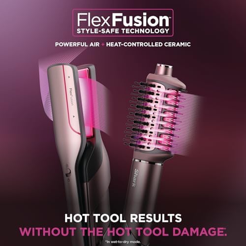 Shark FlexFusion Hair Straightener & Powerful Hair Dryer with Fusion Hair Brush  Ceramic Air Styler with Auto Wrap Curlers & Concentrator  Ceramic Plates  Cosmic Blush HD641S
