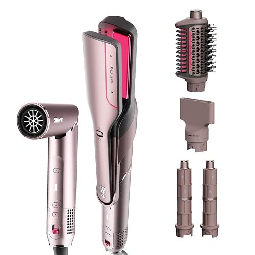 Shark FlexFusion Hair Straightener & Powerful Hair Dryer with Fusion Hair Brush  Ceramic Air Styler with Auto Wrap Curlers & Concentrator  Ceramic Plates  Cosmic Blush HD641S