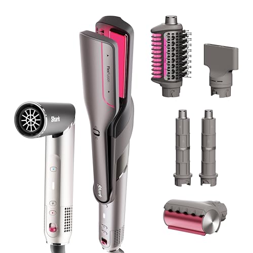 Shark FlexFusion Hair Straightener & Powerful Hair Dryer with Fusion Hair Brush  Ceramic Air Styler with Auto Wrap Curlers & Concentrator  Ceramic Plates  Cosmic Blush HD641S