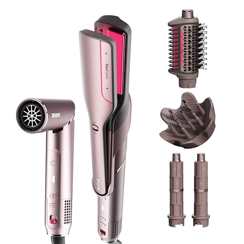Shark FlexFusion Hair Straightener & Powerful Hair Dryer with Fusion Hair Brush  Ceramic Air Styler with Auto Wrap Curlers & Concentrator  Ceramic Plates  Cosmic Blush HD641S