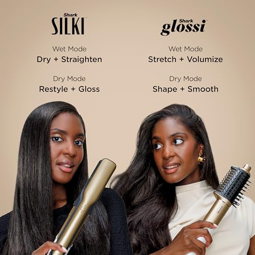 Shark Glam Ceramic & Powerful Air Styling & Drying System  with Silki Straightener & Shark Glossi Air Glosser  for Drying  Curling  Straightening & Glossing  Gold  HD6051S  Straight & Wavy Hair 