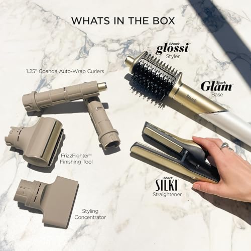 Shark Glam Ceramic & Powerful Air Styling & Drying System  with Silki Straightener & Shark Glossi Air Glosser  for Drying  Curling  Straightening & Glossing  Gold  HD6051S  Straight & Wavy Hair 