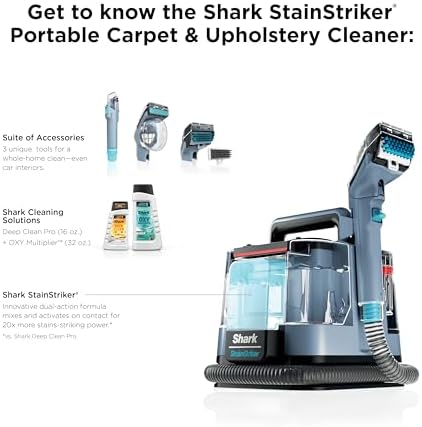Shark StainStriker   Portable Carpet  Upholstery & Area Rug Cleaner   4 Tools   Bonus Full Size Solutions   Powerful Stain & Odor Remover   Deep Clean & OXY Solutions   Blue   PX202BRN