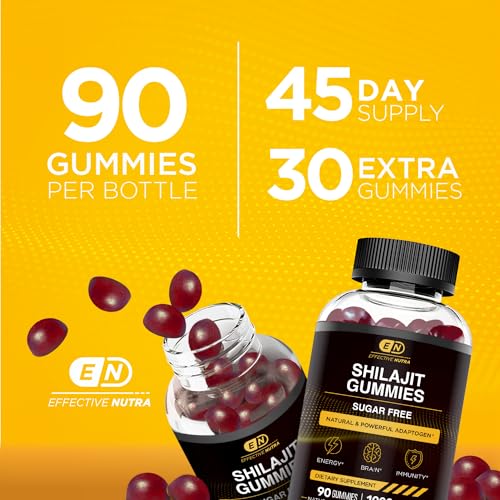 Gomitas Shilajit de 1000 mg | Resina pura Shilajit para energía, cerebro e inmunidad | Suplemento para hombres y mujeres | Sin azúcar, veganas, sin gluten | Sabor natural a bayas,