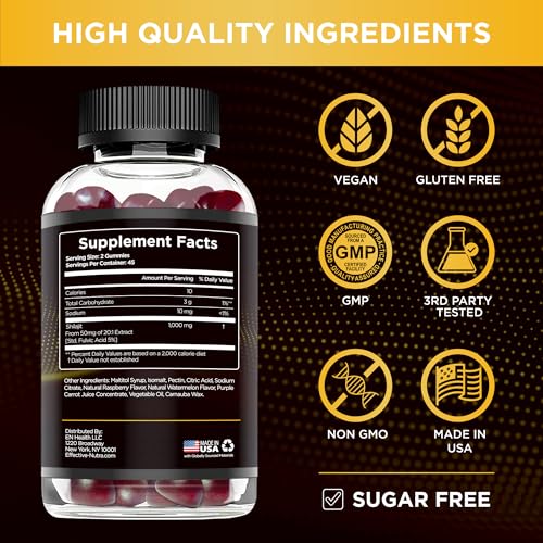 Gomitas Shilajit de 1000 mg | Resina pura Shilajit para energía, cerebro e inmunidad | Suplemento para hombres y mujeres | Sin azúcar, veganas, sin gluten | Sabor natural a bayas,