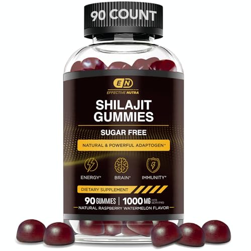 Gomitas Shilajit de 1000 mg | Resina pura Shilajit para energía, cerebro e inmunidad | Suplemento para hombres y mujeres | Sin azúcar, veganas, sin gluten | Sabor natural a bayas,