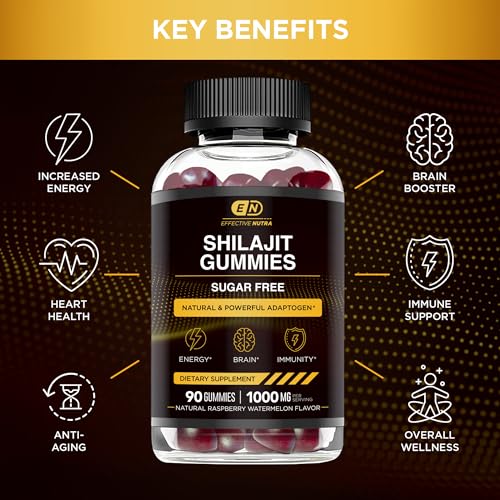 Gomitas Shilajit de 1000 mg | Resina pura Shilajit para energía, cerebro e inmunidad | Suplemento para hombres y mujeres | Sin azúcar, veganas, sin gluten | Sabor natural a bayas,