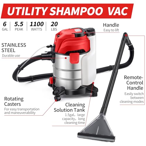 Shop Vacuum Wet and Dry  6 Gallon  5 5 Peak HP Power Suction  3 in 1 Stainless Steel Shop Vac with 4 5L Upholstery Shampoo Tank  Water Vacuum Cleaner Carpet Extractor  Red