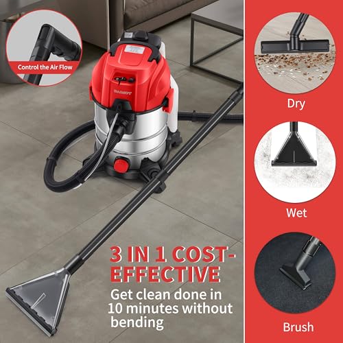 Shop Vacuum Wet and Dry  6 Gallon  5 5 Peak HP Power Suction  3 in 1 Stainless Steel Shop Vac with 4 5L Upholstery Shampoo Tank  Water Vacuum Cleaner Carpet Extractor  Red