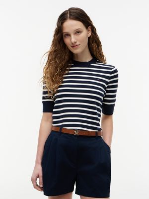 Talla M - Short-Sleeve Crewneck Sweater (Navy/Ivory Stripe)