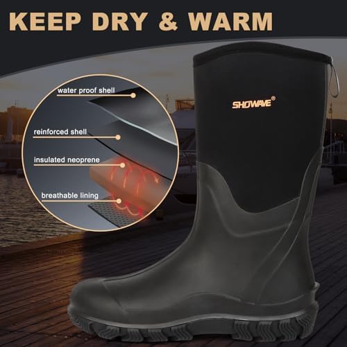 Talla 9 Showave Classic Mens Rubber Boots Waterproof Rain Boots Insulated Neoprene Boot Mud Boot for Farming Hunting Gardening Yard Chore Working