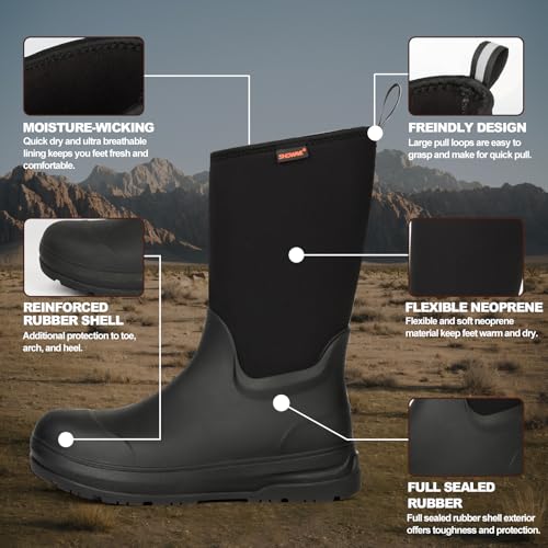 Showave Mens Rubber Boots Mid Calf Rain Boot Waterproof Insulated Durable Mud Boots For Working Gardening Hunting Farming Outdoor