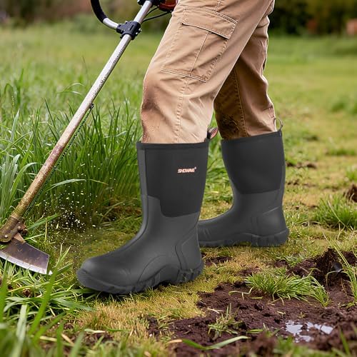 Talla 9 Showave Rain Boots Men Insulated Rubber Boots for Men Waterproof Mud Boot Slip On Garden Boot for Farming Hunting Fishing