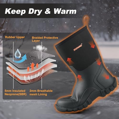 Talla 9 Showave Rain Boots Men Insulated Rubber Boots for Men Waterproof Mud Boot Slip On Garden Boot for Farming Hunting Fishing