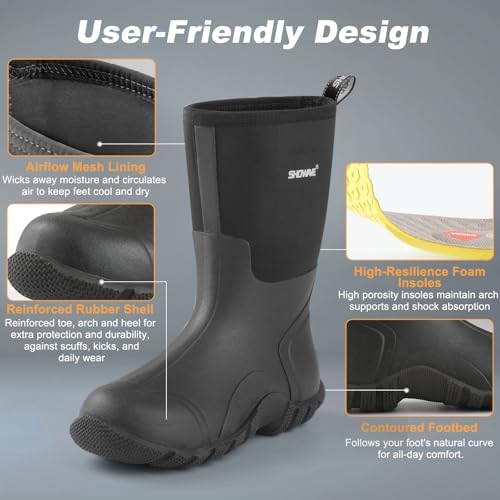 Talla 9 Showave Rain Boots Men Insulated Rubber Boots for Men Waterproof Mud Boot Slip On Garden Boot for Farming Hunting Fishing
