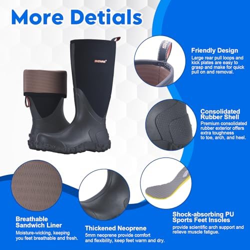Talla 8 Men, Showave Rain Boots for Men Waterproof Insulated Rubber Neoprene Boots Heavy duty Mud Boot for Farming Raining Fishing Gardening Yard Work