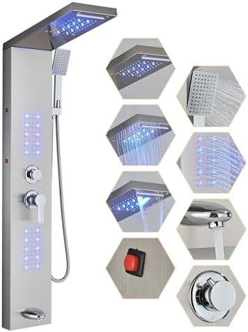 Shower Panel Contemporary Shower Tower with LED Shower Head System Full Body Shower Jets Wall Mounted Shower Panels Stainless Steel Shower Faucet Set  Brushed Nickel