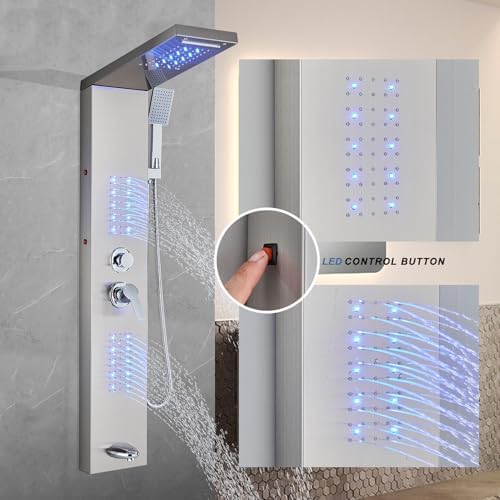 Shower Panel Contemporary Shower Tower with LED Shower Head System Full Body Shower Jets Wall Mounted Shower Panels Stainless Steel Shower Faucet Set  Brushed Nickel