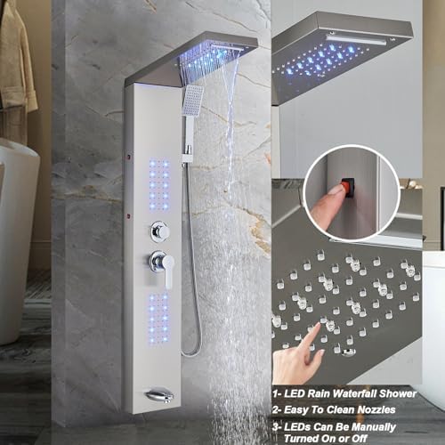 Shower Panel Contemporary Shower Tower with LED Shower Head System Full Body Shower Jets Wall Mounted Shower Panels Stainless Steel Shower Faucet Set  Brushed Nickel