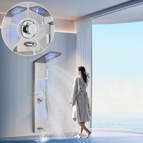 Shower Panel Contemporary Shower Tower with LED Shower Head System Full Body Shower Jets Wall Mounted Shower Panels Stainless Steel Shower Faucet Set  Brushed Nickel